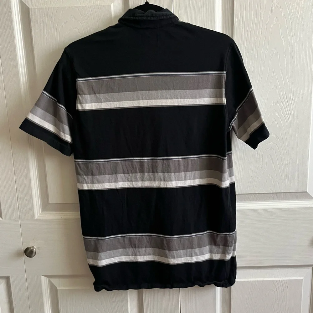 Stussy Men's Black and Gray Striped Polo Shirt